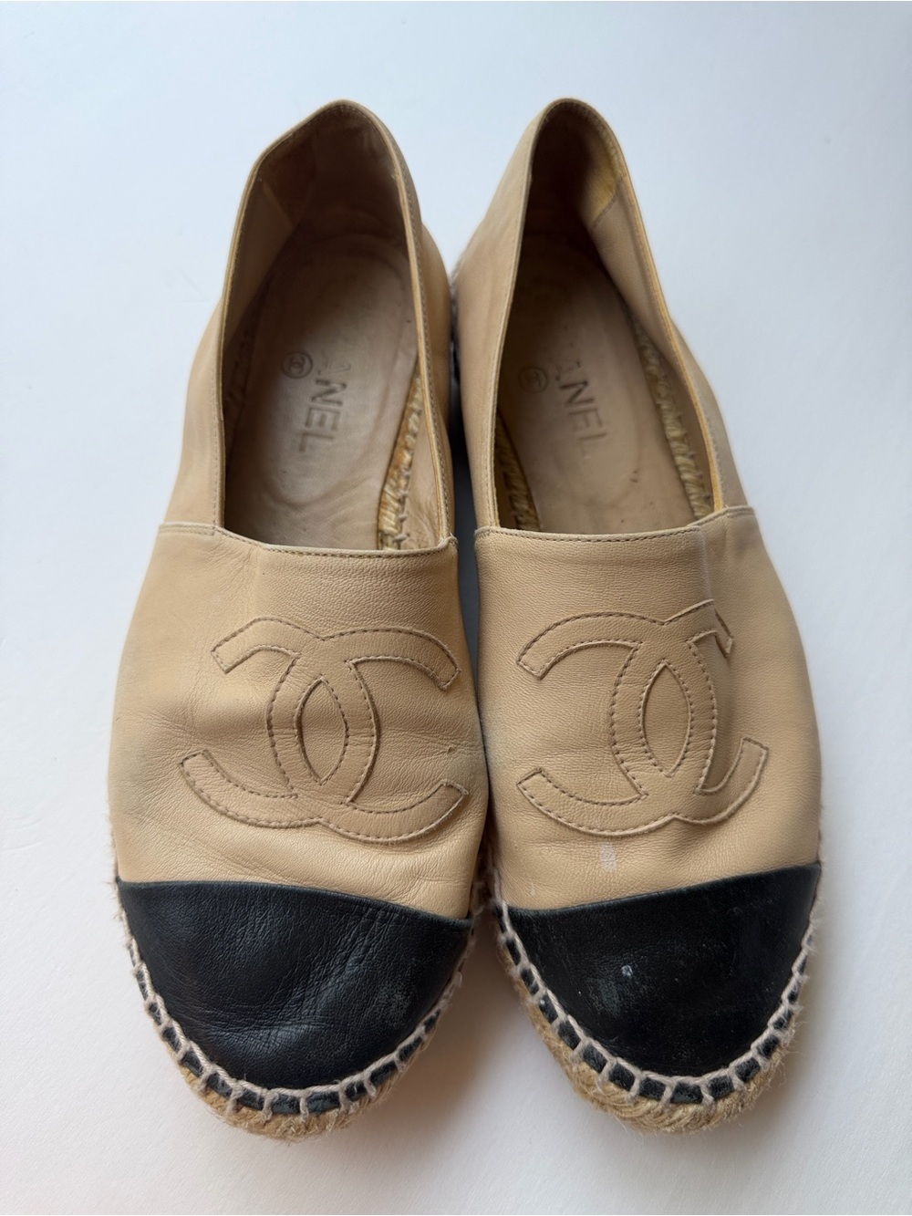 CHANEL Beige Leather Espadrilles with Black Cap Toe